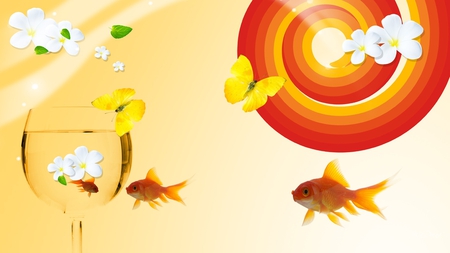 Gold Fishing - glass, golbet, flowers, gold fish, yellow, vector, butterflies, fantasy, bright, firefox persona, fun