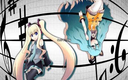 Miku & Seeu - anime, volcalodi, seea, girl, beauty, miku, classic, background, new, wall