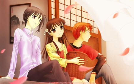 fruits basket - basket, yuki, kyo, fruits basket, together, tohru