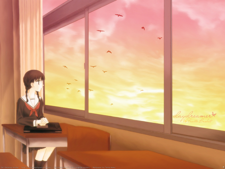 Saki Hanajima - sun set, girl, school, saki, black hair, friend