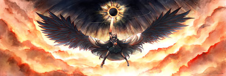 Reiuji Utsuho - skirt, wings, knee highs, touhou, cool, cannon, clouds, weapons, reiuji utsuho