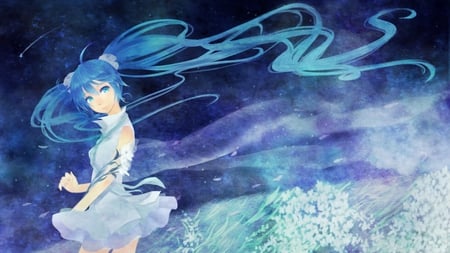 Hatsune Miku - pretty, artistic, snowflakes, twin tail, snow, light, flowers, nice, program, thighhighs, beauty, virtual, cg, white, gray, cute, aqua eyes, song, vocaloid, anime, blue, twintail, dress, hatsune miku, music, aqua, purple, art, idol, anime girl, beautiful, singer, girl, cool, black, glow, glowing, miku, awesome, diva, digital, aqua hair, thigh highs, hatsune, vocaloids