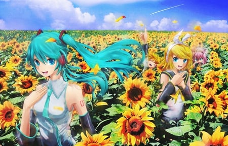 Sunflower Patch - tie, artistic, sunflowers, walking, pink, happy, flowers, rin, len, virtual, gold, green, megurine luka, cute, bow, song, airplane, vocaloid, anime, blue, yellow, twintail, blonde, hatsune miku, aqua, kagamine rin, sunflower, pink hair, sky, clouds, skirt, kagamine, singer, blonde hair, cool, black, miku, digital, aqua hair, hatsune, headset, pretty, twin tail, kagamine len, uniform, luka, headphones, nice, anime boy, program, megurine, beauty, petals, cg, white, aqua eyes, outfit, thumbs up, microphone, boy, music, art, idol, anime girl, beautiful, patch, girl, awesome, diva, smoke, vocaloids