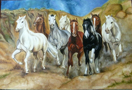 oilpainting of horses - nature, horses, sky, hills, animals, oilpainting