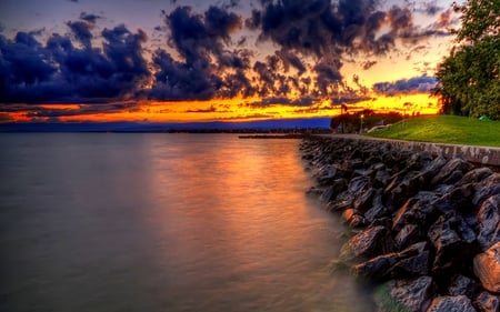 Beautiful Sky - beauty, sky, trees, peaceful, water, colorful, sunset, road, rocks, amazing, view, lanterns, reflection, lantern, clouds, green, tree, grass, landscape, lovely, nature, beautiful, splendor, colors, sunrise, sea, lights