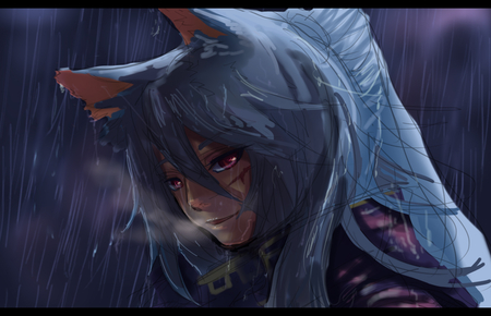 Broken Faith - female, rain, long hair, steam, blood, solo, nekomimi, original, red eyes, blue hair, kemonomimi, anime