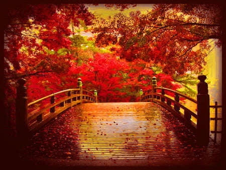 Autumn nostalgia - red, fall, nostalgia, leaves, bridge, trees, autumn