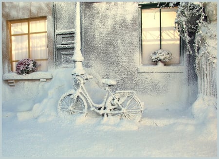 First snow - snowfall, windows, building, bike, cold, winter