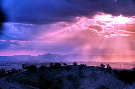 Evening tranquility - clouds, rays, blue, evening, pink, sky