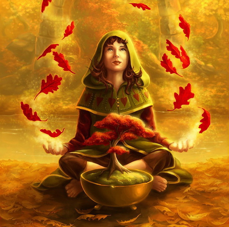 Autumn Magic - autumn, abstract, girl, forest, river, mage, fantasy