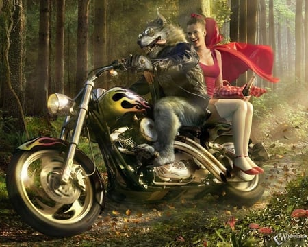 red riding hood on ride with wolf - wolf, ride, bike, forest, red, red riding hood, werewolf, red-riding-hood