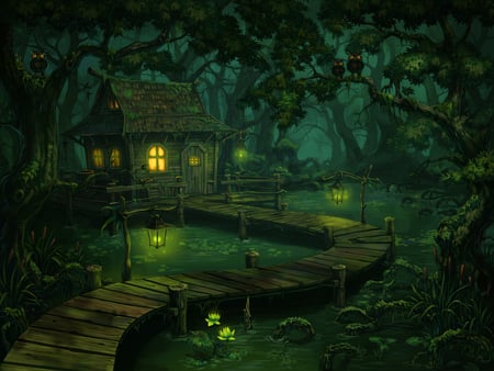 Swamp - houses, trees, night, swamp, nature, forest, green, digital painting, owl, drawings