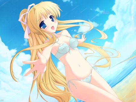 Kamio Misuzu - clouds, swimsuit, summer, air, beach, sea, blonde hair, bikini, cute, kamio misuzu, adorable, yellow hair, air tv, sky