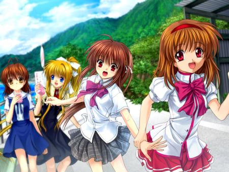 Crossover picture - little busters, sky, blur, schoolgirls, brown hair, blonde hair, clannad, clouds, furukawa nagisa, short hair, natsume rin, kanon, kamio misuzu, drink, air, long hair, summer, air tv, tsukimiya ayu, crossover