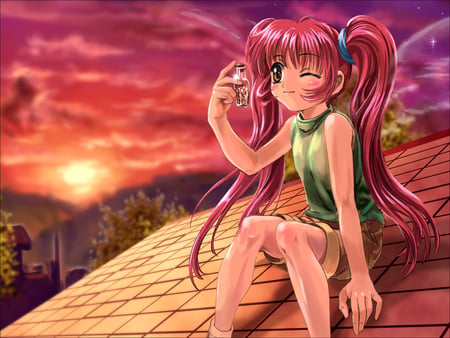 Michiru - sky, sunlight, adorable, air, sunset, michiru, roof, clouds, air tv, cute