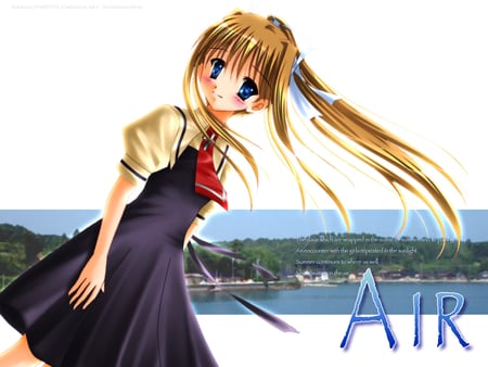 Kamio Misuzu - air, blonde hair, long hair, smile, ribbon, kamio misuzu, air tv, blue eyes, schoolgirl