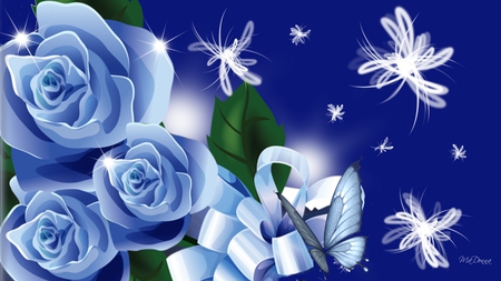 Blue as the Roses - shine, glow, butterfly, bow, blue, foses, flowers, ribbon, sparkles, firefox persona