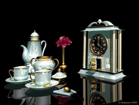 tea time - china, tea pot, clock, tea time, cup