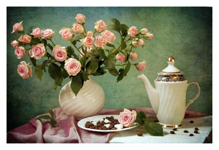 Roses and coffee - pot, vase, roses, pink roses, photography, table, beauty, still life, flowers, plate, coffee beans, sugar