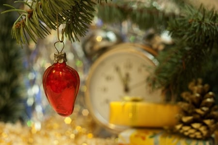 time for Christmas - christmas, strawberry, red, ball, time, cone, pine, clock