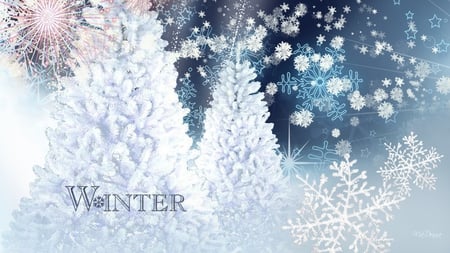 WINTER - trees, winter, snowflakes, blue, bright, cold, snow, firefox persona