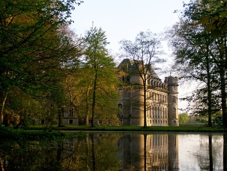 Chateau through the Trees - house, trees, reflection, chateau, home, de, lake, hainaut, beloeil, belgium, castle