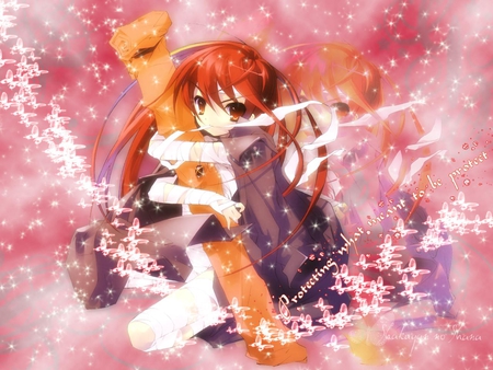 Shakugan no Shana - Protecting What Meant to be Protect - hugging, butterflies, nozi itou, sparkly, shakugan no shana, anime, cute anime girl, shana