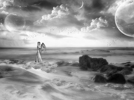 Another Definition Of Love !!! - moon, sky, girl, fantasy, black, bird, manangel, white, abstract, cloud, sea, planet