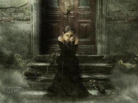 waiting for u - alone, door, rats, gothic, girl, steps, stairs