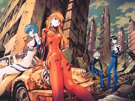 Neon Genesis Evangelion - evangelion, neon genesis evangelion, porsche wreck, destroyed city