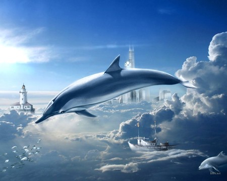 City in a Sea of Clouds - clouds, dolphins, lighthouse, ship, sea, city, fish, sky