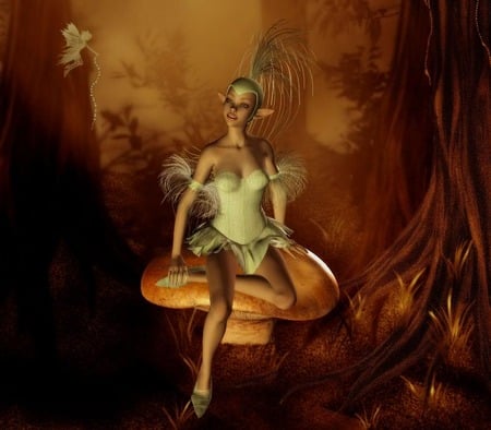 Forest Magic - mushroom, elf, forest, grasses, fairy, faerie