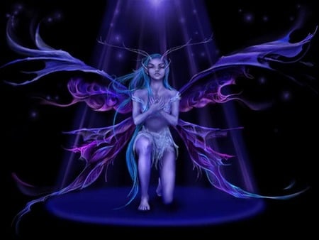 Blue and Purple Faerie - fairy, kneel, faerie, blue