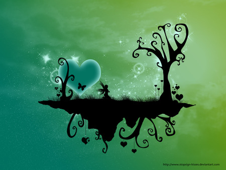 Fairy Island - abstract, heart, island, green, tree, fairy