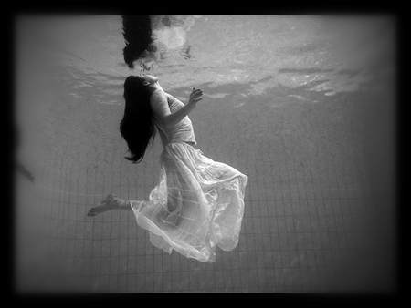 Underwater - black and white, woman, photography, underwater