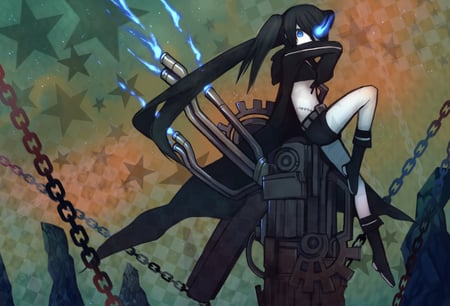 Big Gun - gun, stars, blue eyes, black hair, blue fire, chains, black jacket, gears, black rock shooter