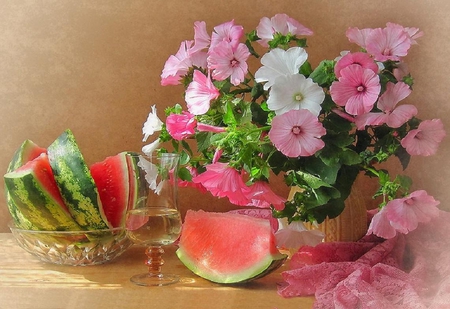 Watermelon and lavatera - glass, flower, fruit, vase