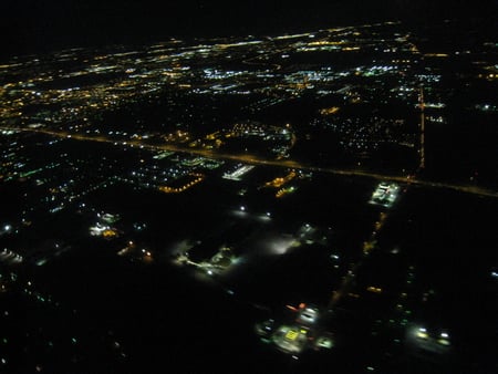 City at Night From The Air - night time city views, city, air travel, flight