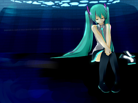 Hatsune Miku - aqua, thigh highs, thighhighs, music, anime girl, stockings, white, art, cool, aqua eyes, artistic, hatsune miku, skirt, leggings, detached sleeves, song, vocaloids, code, program, vocaloid, beautiful, uniform, diva, beauty, nice, twintail, aqua hair, singer, black, virtual, pretty, idol, anime, miku, cute, twin tail, girl, cg, hatsune, blue, tie, awesome, digital, outfit