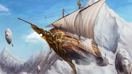 Fantasy Sail - flying, sail, man, snow, mountains, fantasy