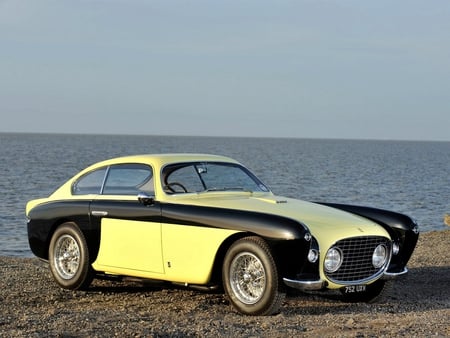 Ferrari Bumblebee - 52, inter, vignale, beach, sea, ocean, coupe, ferrari, bumblebee, 212, car, classic, lake, antique, 1952