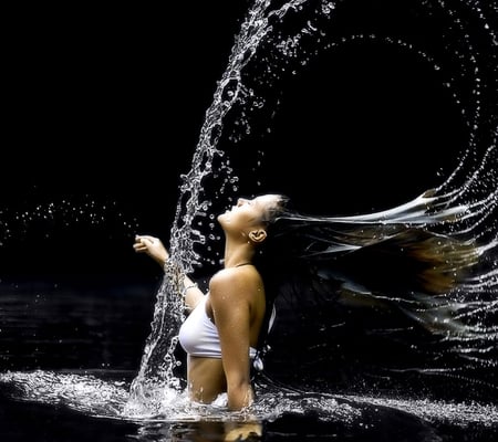 Water Splashes - splashes, white, water, beautiful, girl, lake, hair