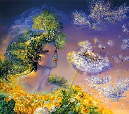 Queen Flora - flowers, fantasy, wind, dandelions, nature, yellow, girl, tree