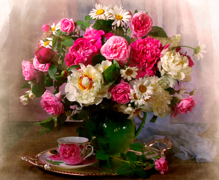 Still Life - beauty, roses, cup of tea, photography, colorful, pink rose, daisy, rose, still life, white, pretty, petals, romance, tea time, daisies, pink flowers, pink roses, tea, lovely, vase, cup, nature, white flowers, romantic, pink, beautiful, colors, flowers