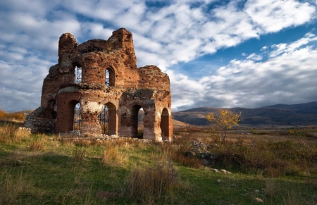 The Red Church, Perushtitsa - nice, sky, photography, historical, view, clouds, green, architecture, grass, old, religious, history, stone, bulgaria, pure, nature, blue, photo