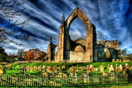 Ruins at the cemetery - structure, cemetery, graveyard, green, sky, ruins