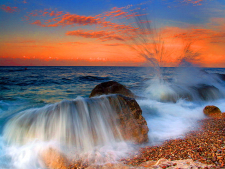 Splash of waves - splash, res, sunset, sea, ocean, nature, waves