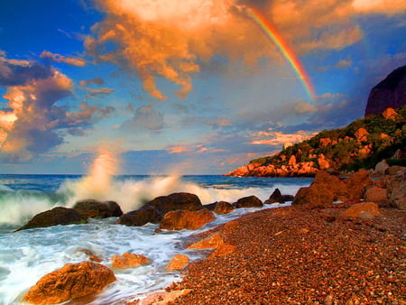 Rainbow over the sea - nature, rainbow, beach, red, red sky, waves, sea, stones