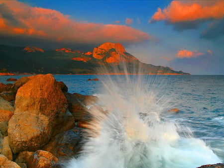 Sea spray - red, splash, stones, sea, ocean, nature, waves, spray