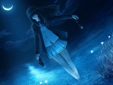 Midnight walk - moon, girl, cute, lake, lovely, sexy, sweet